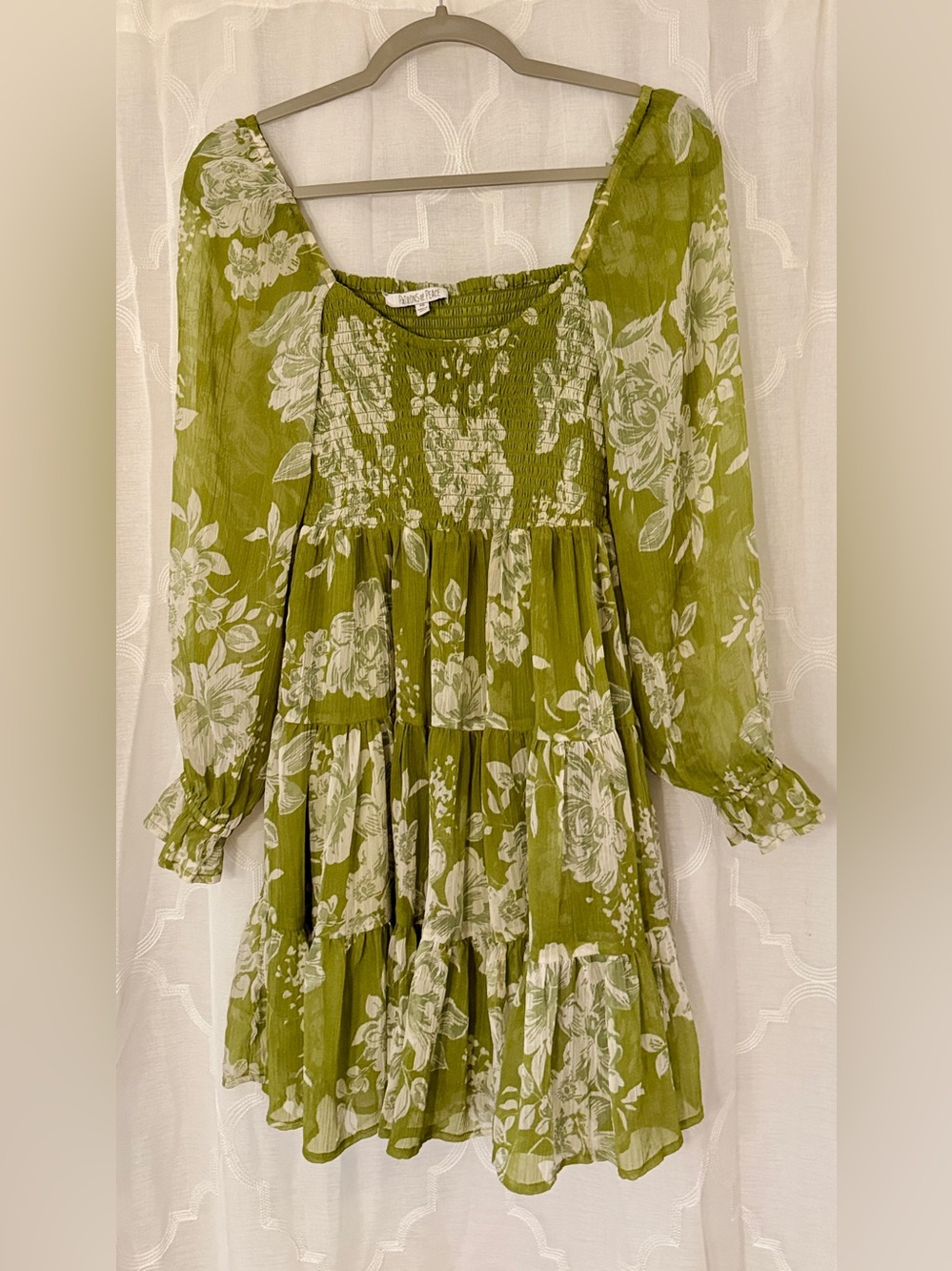 Patrons of Peace Olive Green Floral Smocked Mini Dress